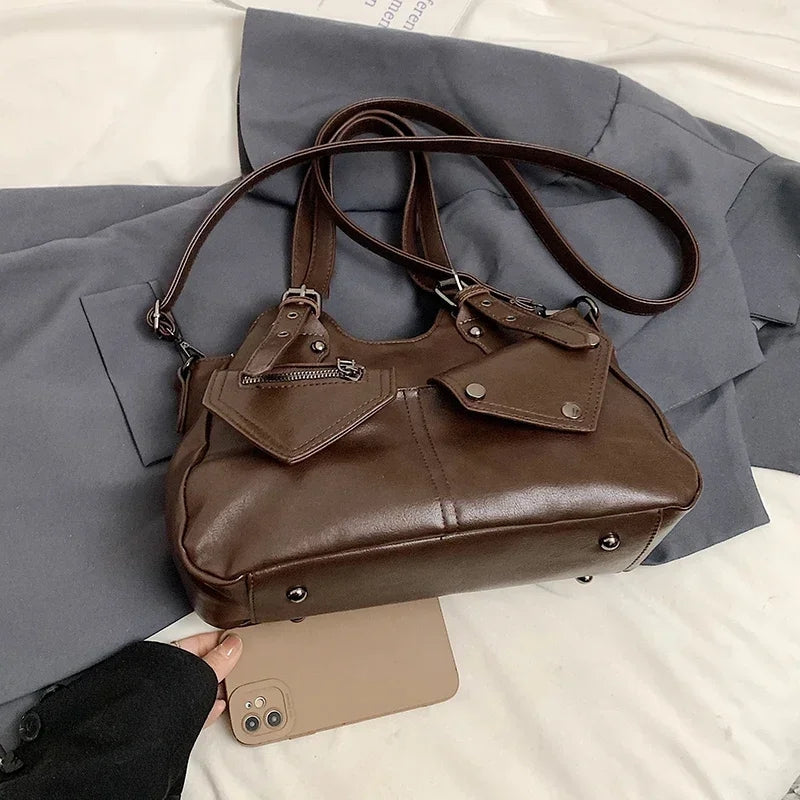 Danira - Synthetic Leather Handbag with Multiple Pockets and Adjustable Strap