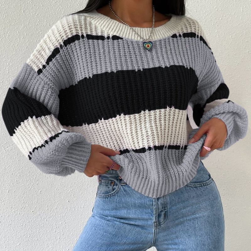 Aurelia – Knit Striped Jumper With Crew Neck and Long Sleeves