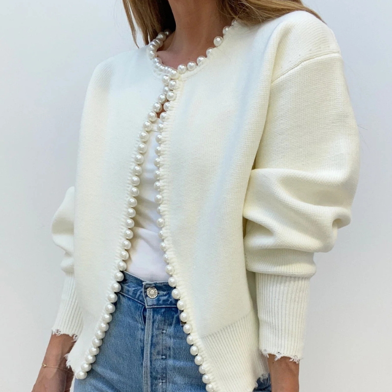 Maribel – Knit Cardigan With Pearl Trim and Ripped Hem