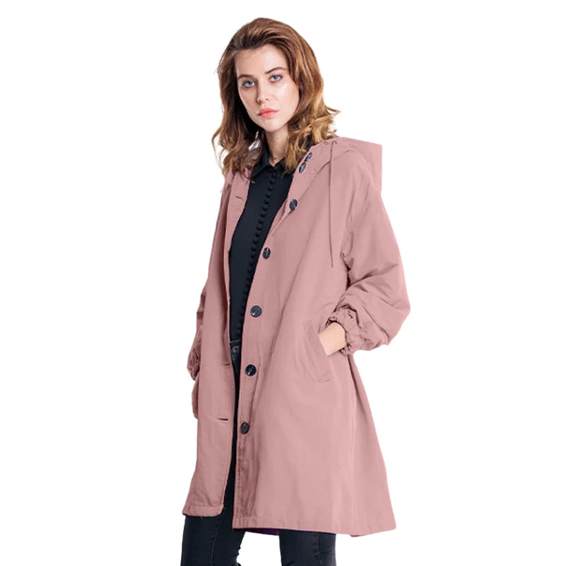 Aria – Hooded Long Jacket with Button Closure and Functional Pockets