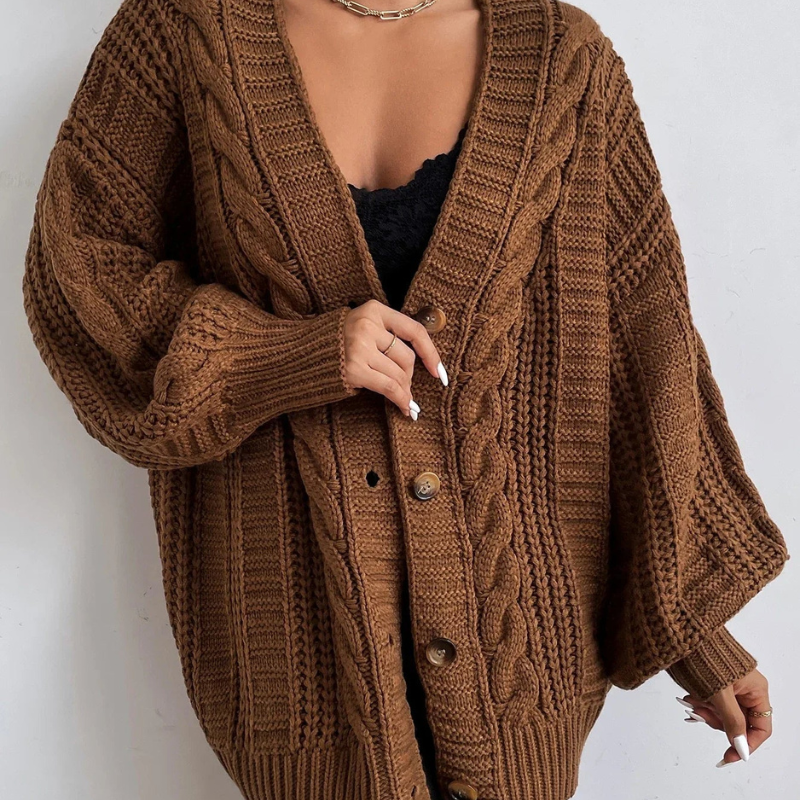 Anna – Cable Knit Cardigan With Button Front and Ribbed Trim