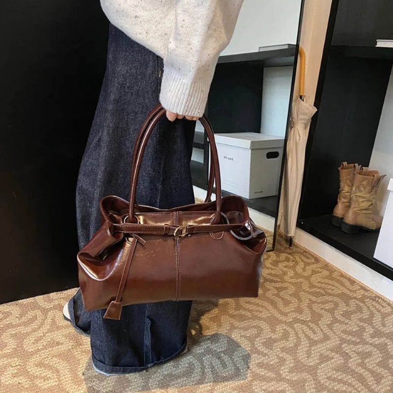 Amara - Synthetic Leather Handbag with Decorative Belt Detail