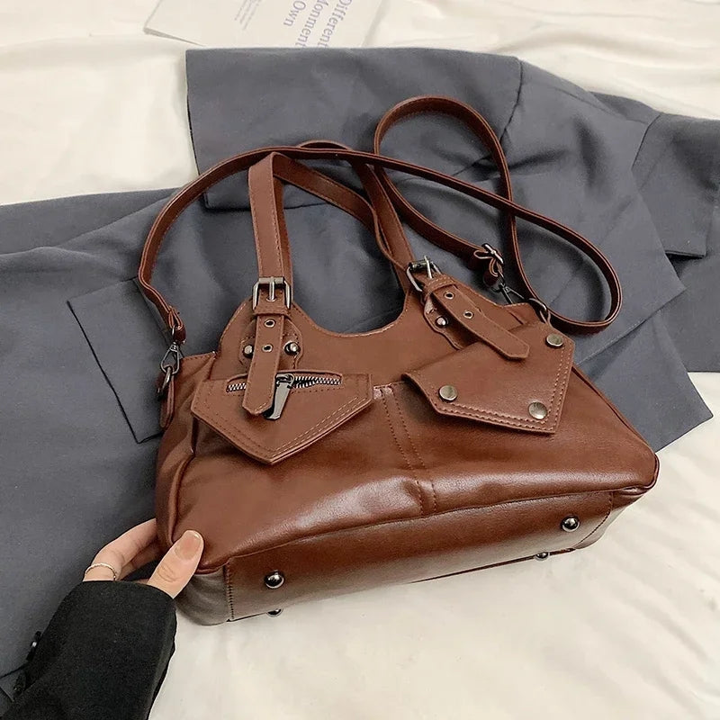 Danira - Synthetic Leather Handbag with Multiple Pockets and Adjustable Strap