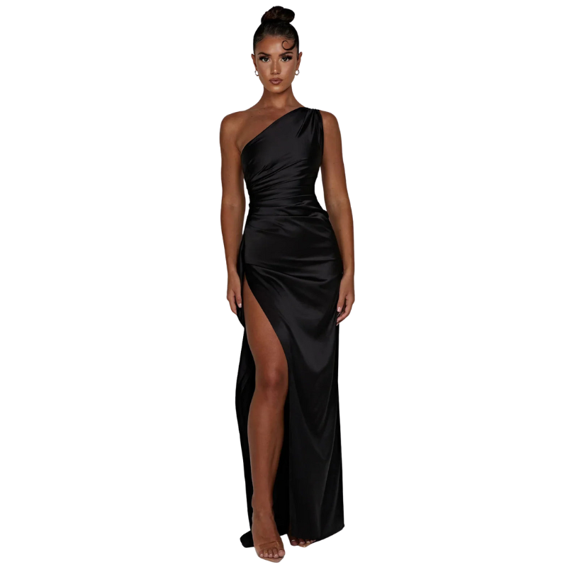 Eliana – Pleated Satin Dress with One-Shoulder Split Design
