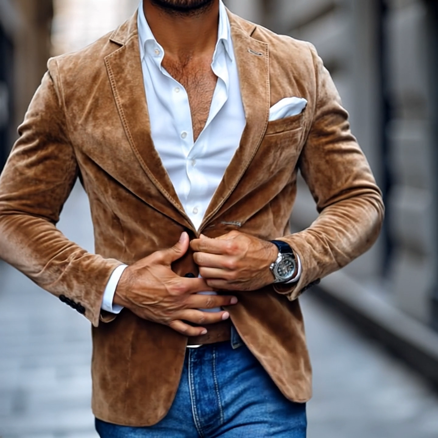 Corvan – Faux Suede Look Blazer With Notch Lapel and Two-Button Closure