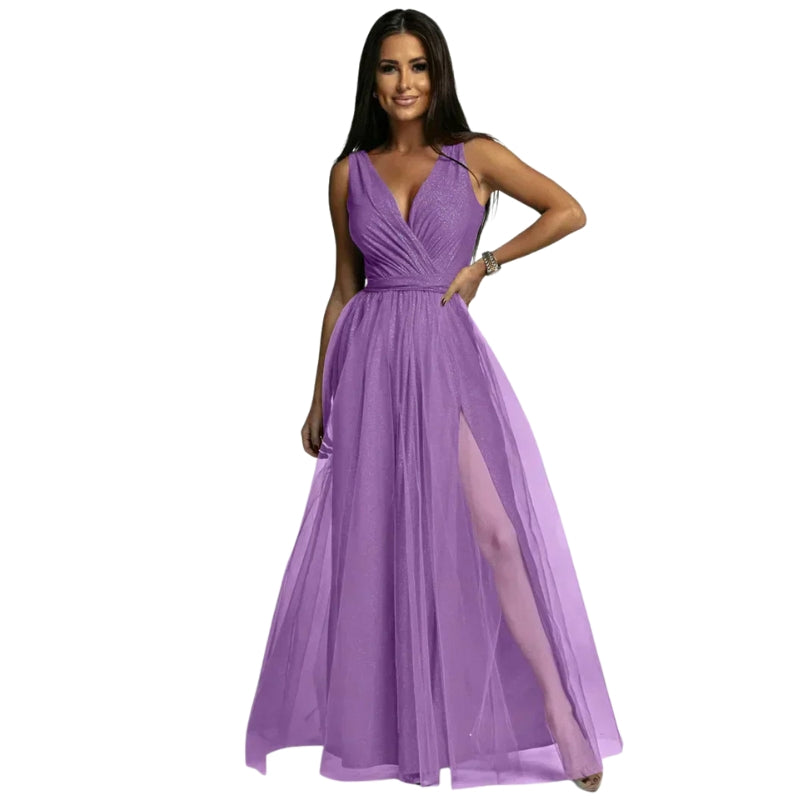 Selena – Women’s Sleeveless V-Neck Maxi Dress with Belted Waist and High Side Slits