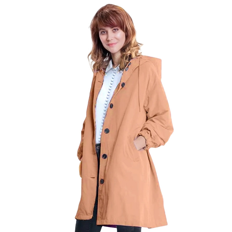 Aria – Hooded Long Jacket with Button Closure and Functional Pockets
