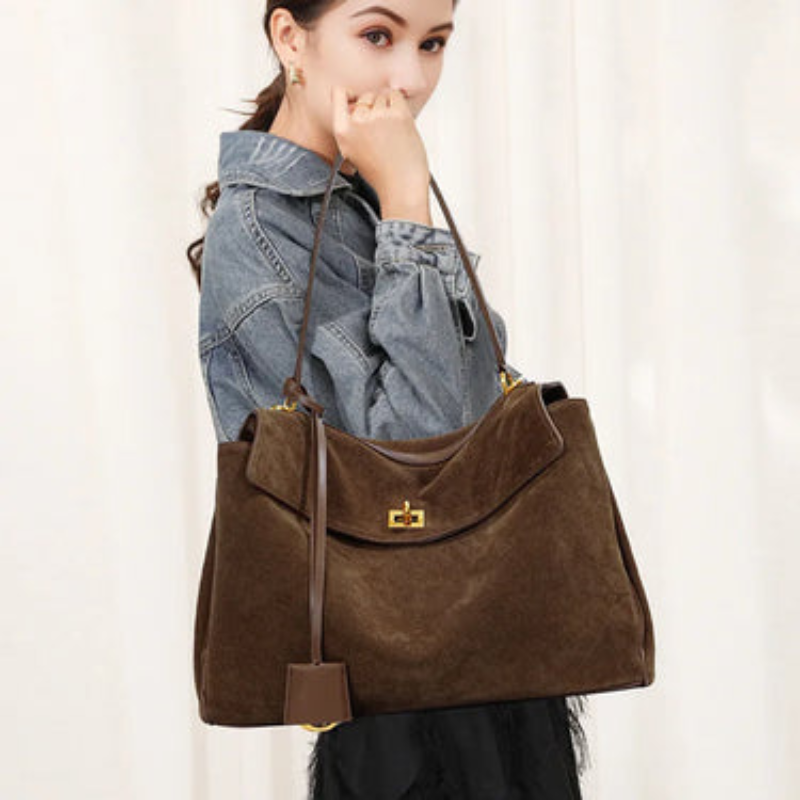Isolde - Large Faux Suede Handbag with Rectangular Shape