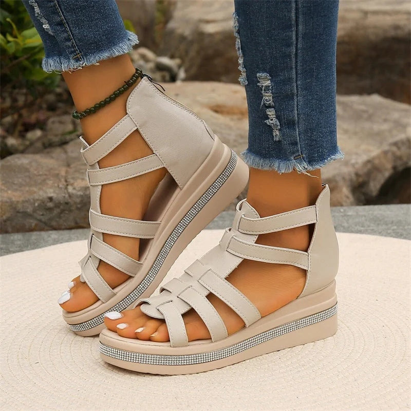 Sofia – Open-Toe Rhinestone Wedge Sandals with Breathable Upper