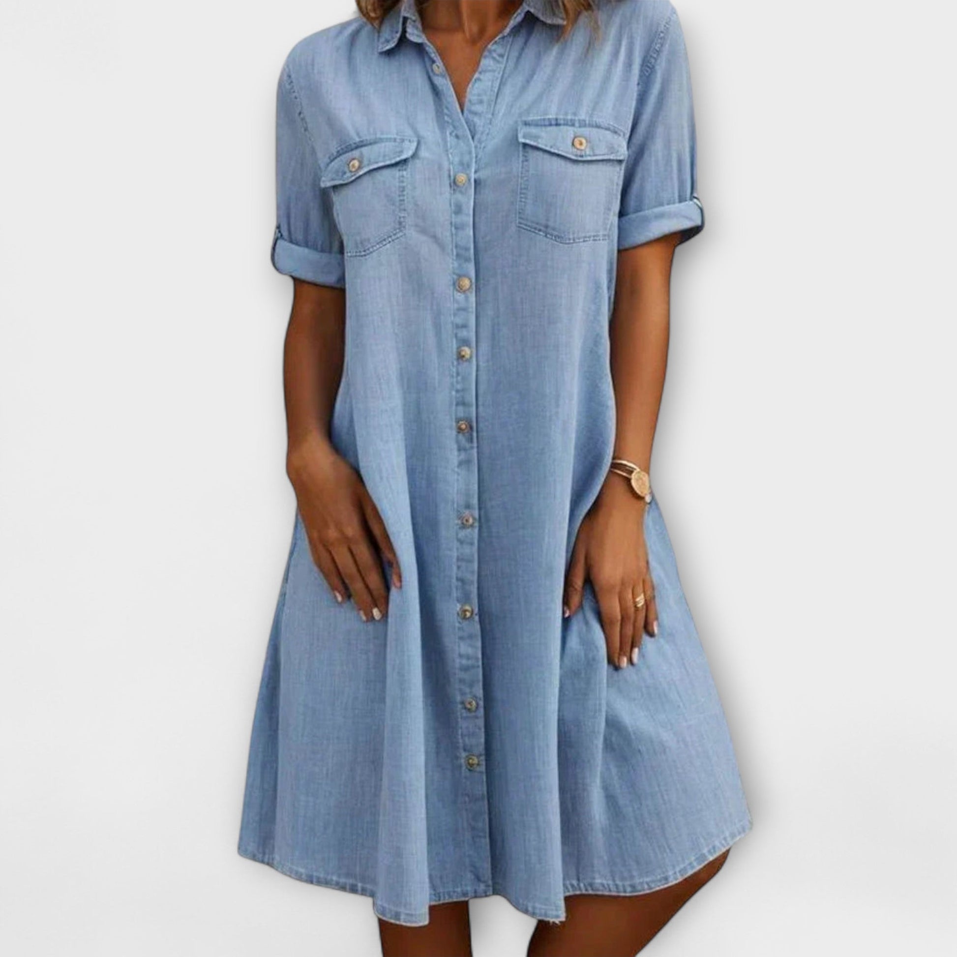 Selvara – Denim Shirt Dress With Button Front and A-Line Silhouette
