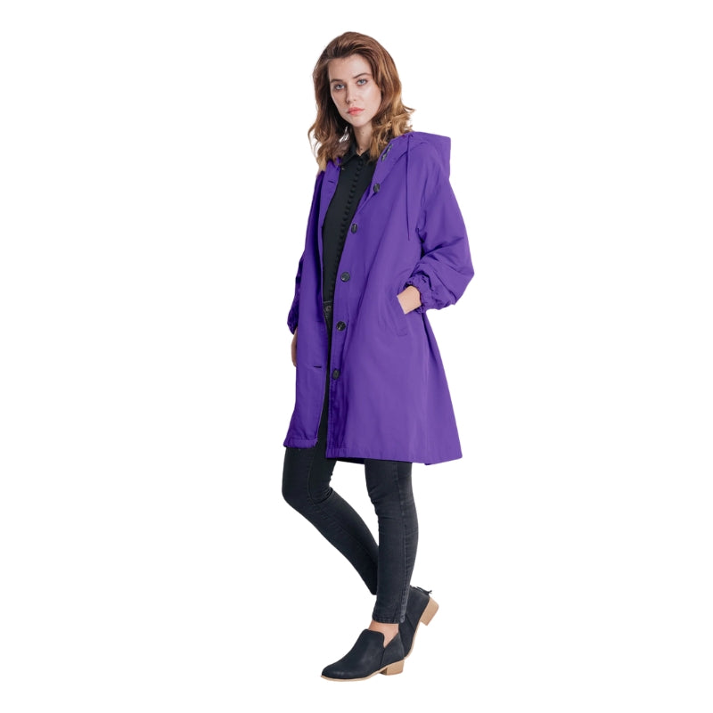 Aria – Hooded Long Jacket with Button Closure and Functional Pockets