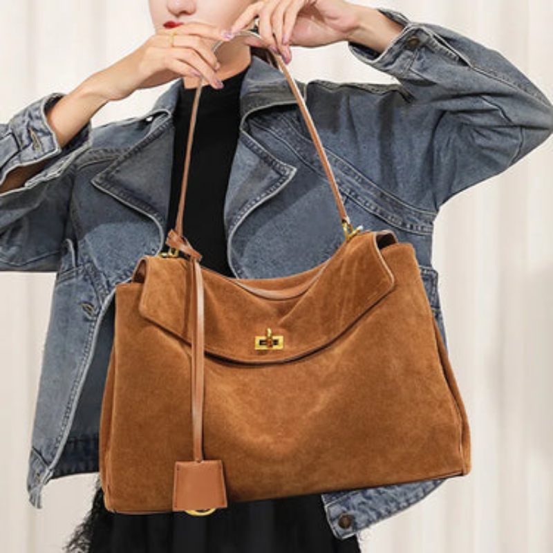 Isolde - Large Faux Suede Handbag with Rectangular Shape