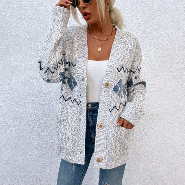 Alvera – Knitted Button Cardigan With Diamond Pattern