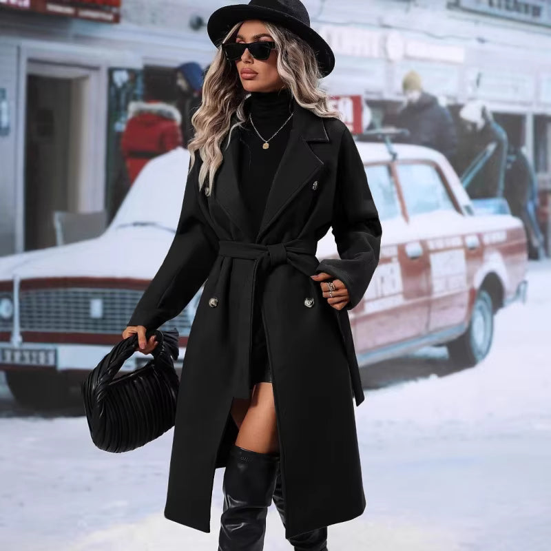 Amelia – Long Trench Coat With Double-Breasted Front and Waist Belt
