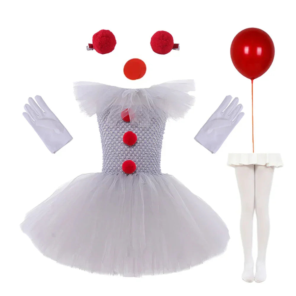 Charlotte – Clown-Inspired Tutu Dress with Red Pom Poms and Tulle Skirt for Halloween or Fancy Dress