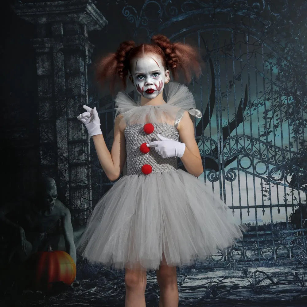 Charlotte – Clown-Inspired Tutu Dress with Red Pom Poms and Tulle Skirt for Halloween or Fancy Dress