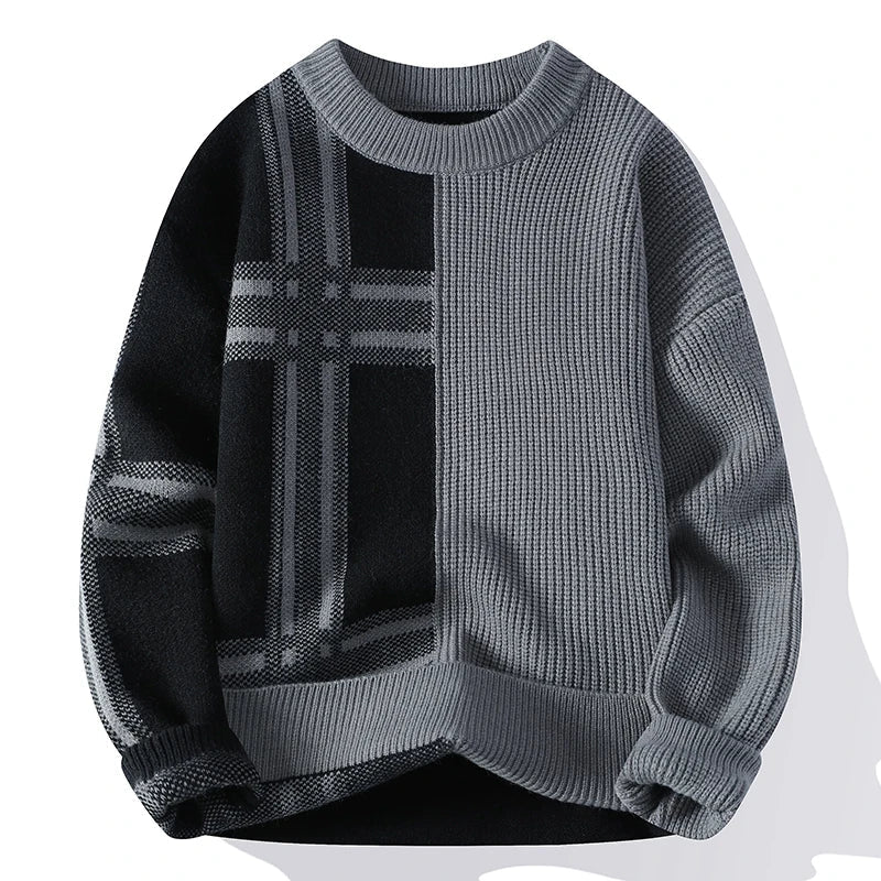 Patchwork – Modern Crew Neck Jumper With Geometric Knit Design