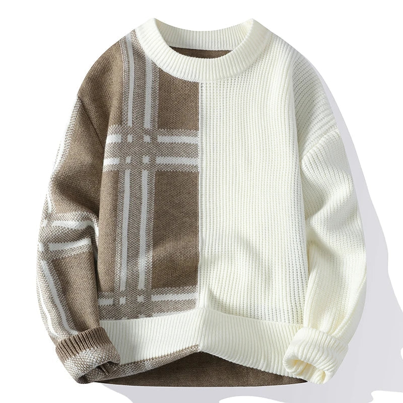 Patchwork – Modern Crew Neck Jumper With Geometric Knit Design