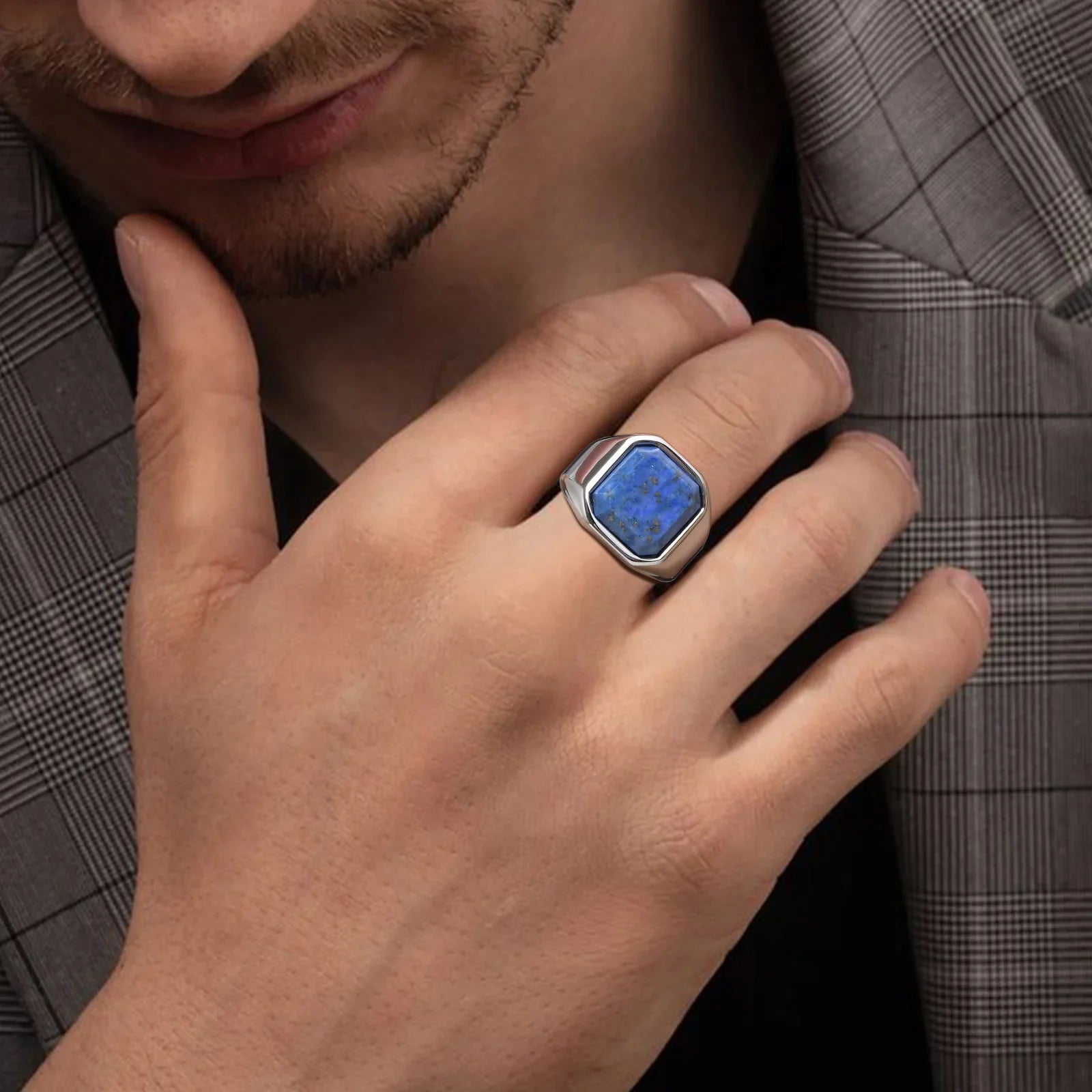 Oliver – Signet Ring With Square-Cut Stone Inlay &amp; Polished Stainless Steel Band