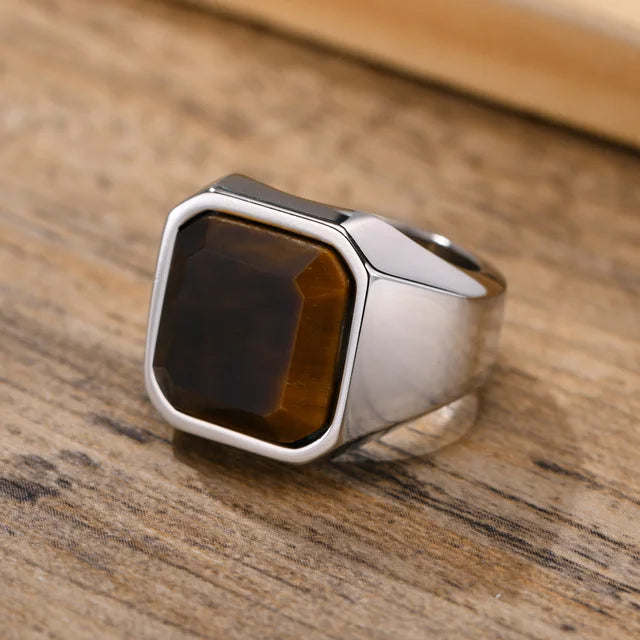 Oliver – Signet Ring With Square-Cut Stone Inlay &amp; Polished Stainless Steel Band