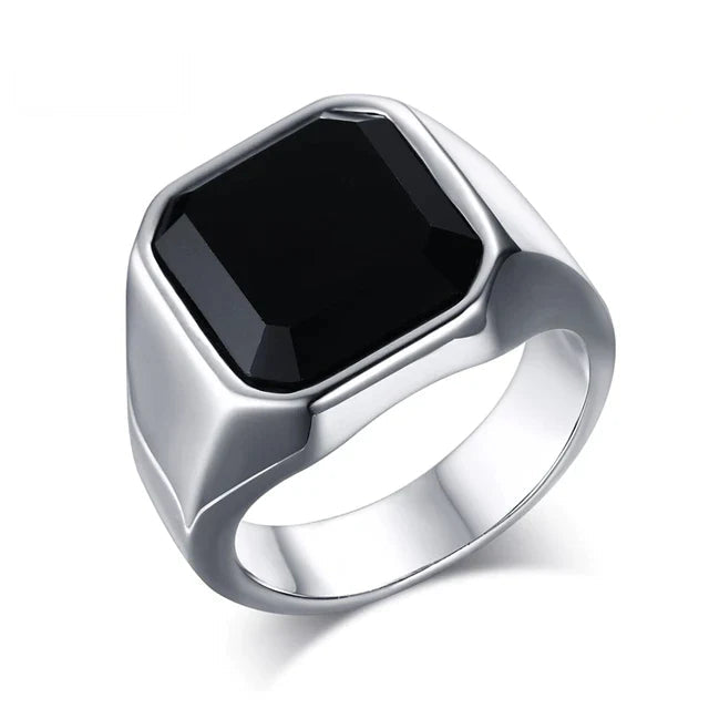 Oliver – Signet Ring With Square-Cut Stone Inlay &amp; Polished Stainless Steel Band