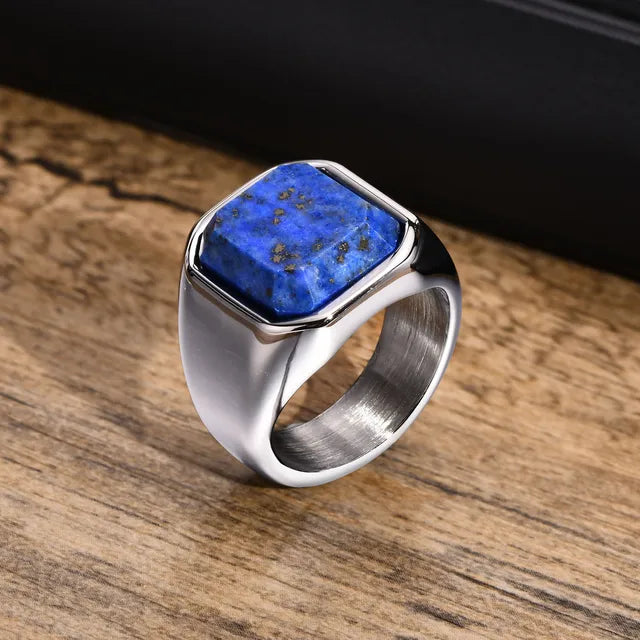 Oliver – Signet Ring With Square-Cut Stone Inlay &amp; Polished Stainless Steel Band