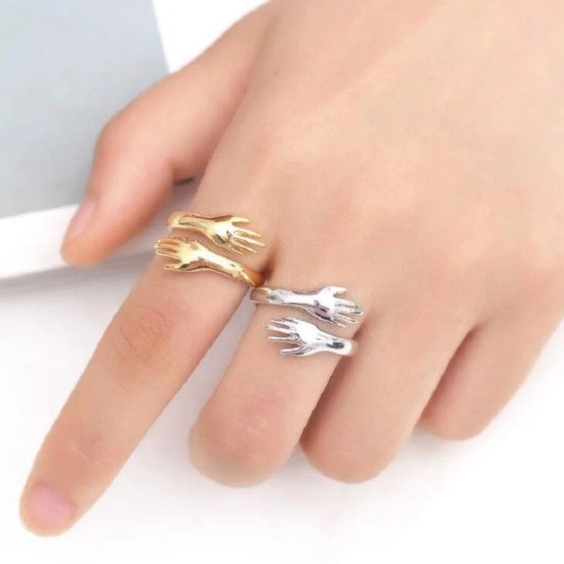Elena – Adjustable Open Ring with Interlocking Hands Design