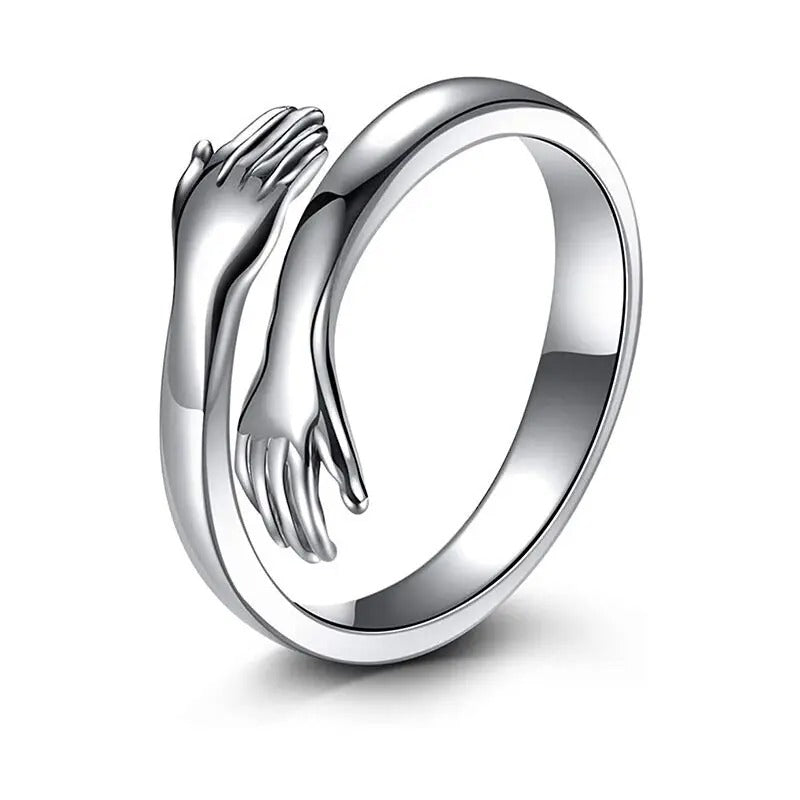 Elena – Adjustable Open Ring with Interlocking Hands Design