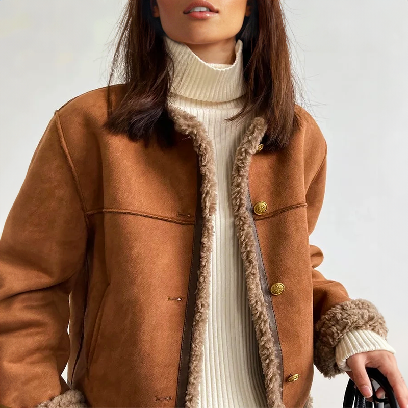 Norvane – Vintage Suede-Look Jacket With Sherpa Trim &amp; Button Front