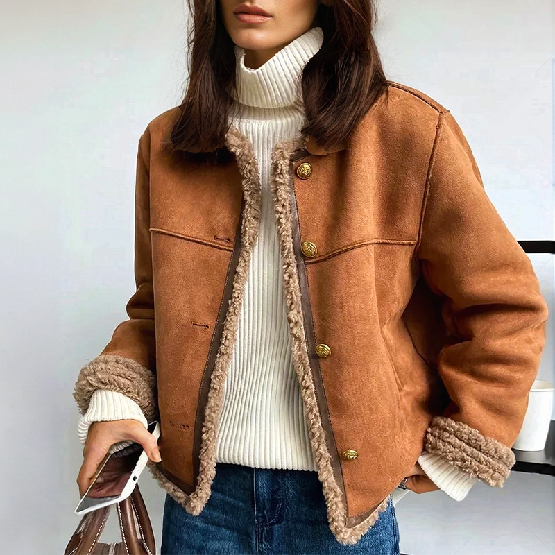 Norvane – Vintage Suede-Look Jacket With Sherpa Trim &amp; Button Front