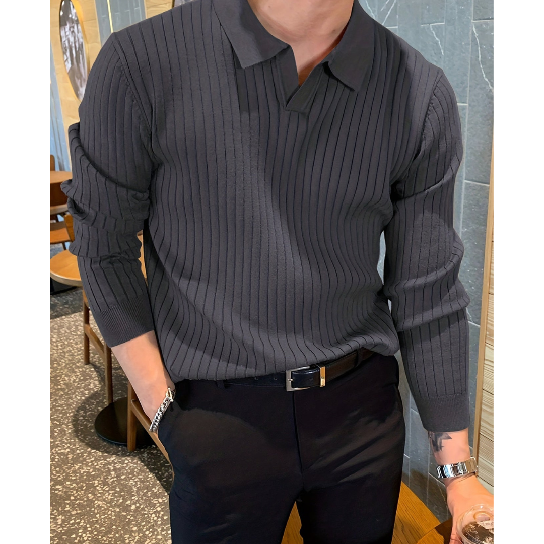 Denvar – Knitted Sweater With Polo Collar and Patterned Texture