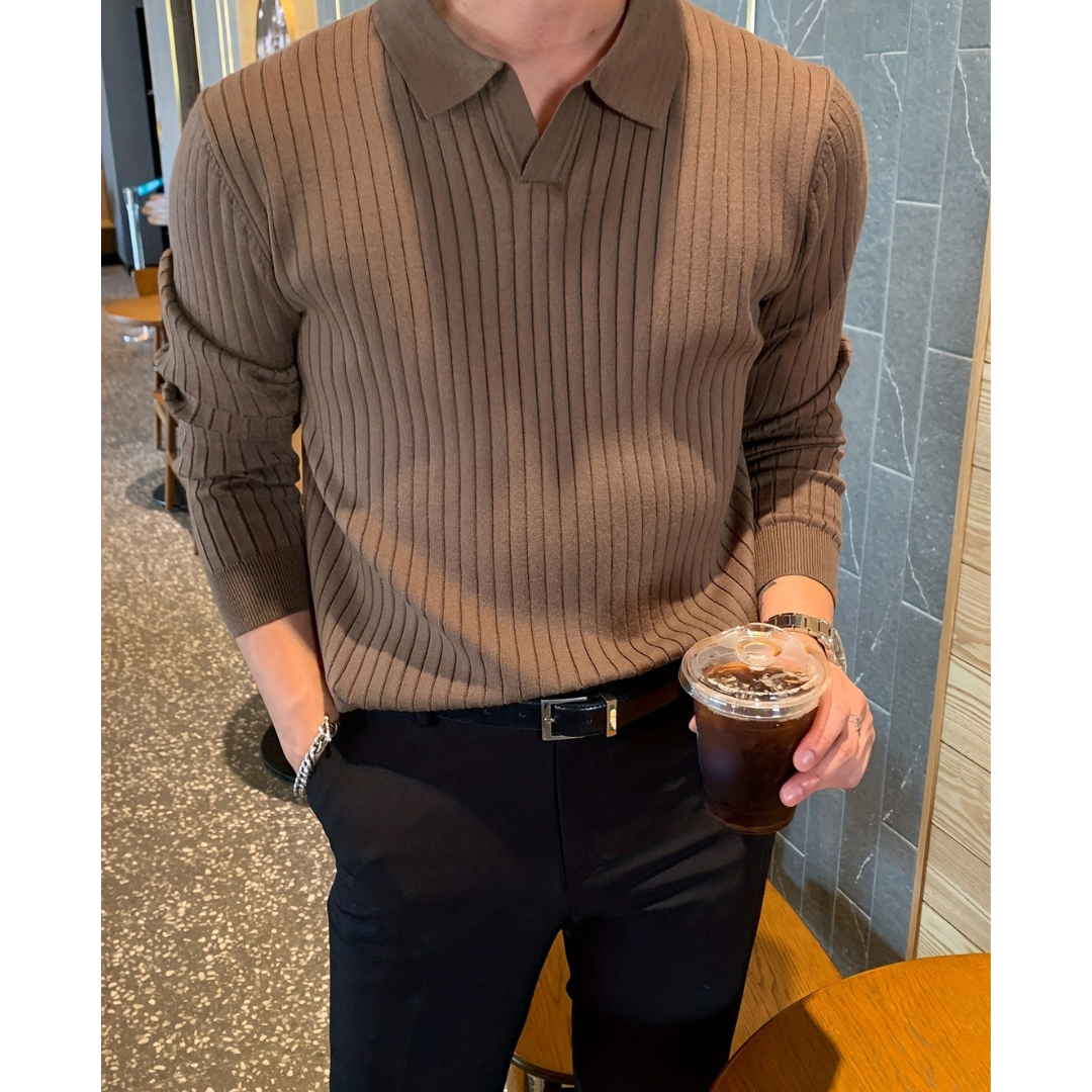 Denvar – Knitted Sweater With Polo Collar and Patterned Texture