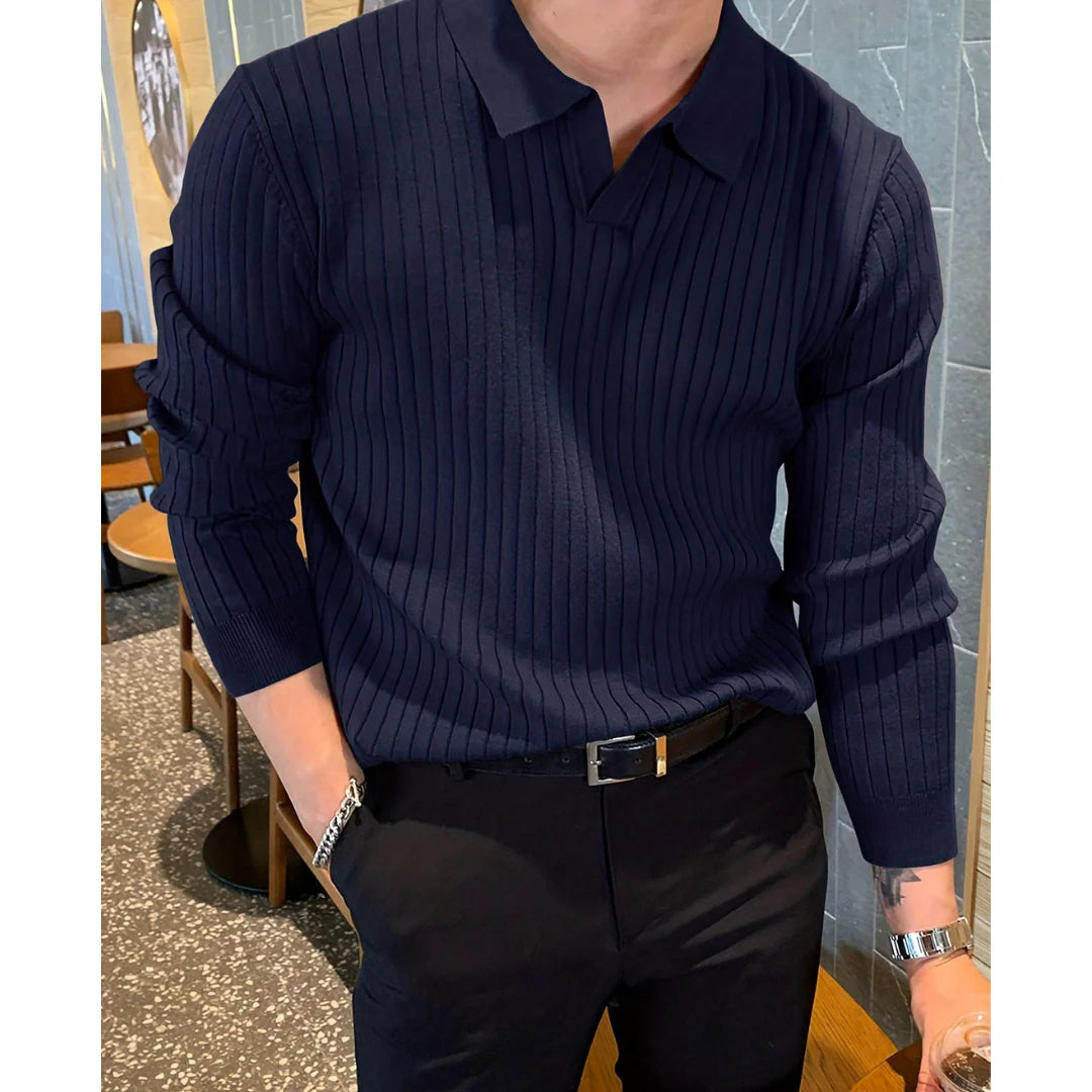Denvar – Knitted Sweater With Polo Collar and Patterned Texture
