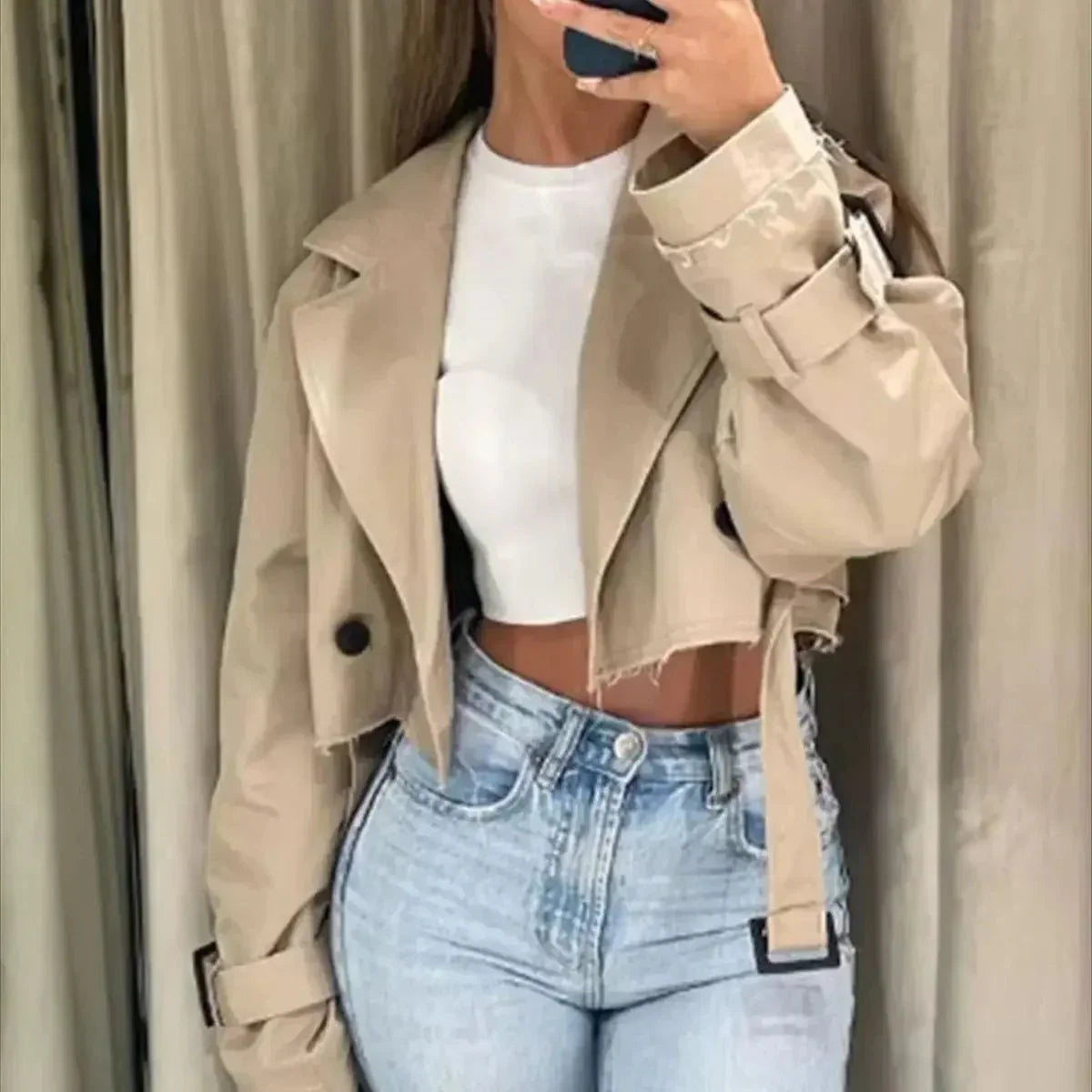 Clara – Short Trench Coat With Double-Breasted Front and Waist Belt