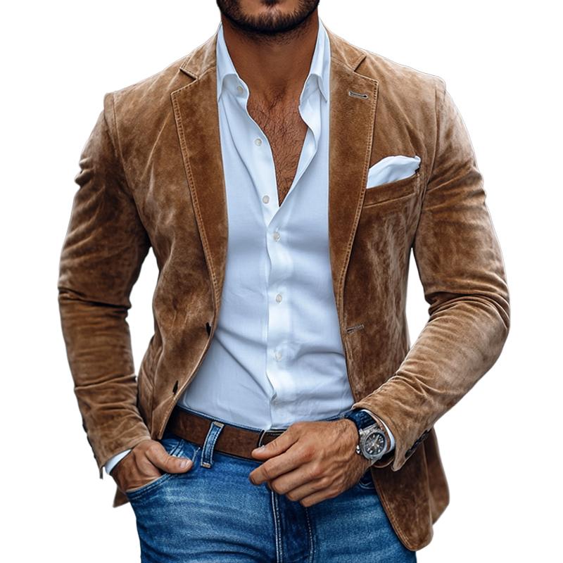 Corvan – Faux Suede Look Blazer With Notch Lapel and Two-Button Closure