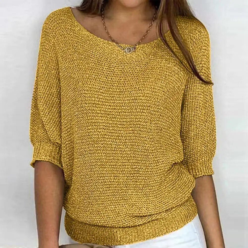 Nora – Round Neck Knitted Sweater With Three-Fourths Sleeves