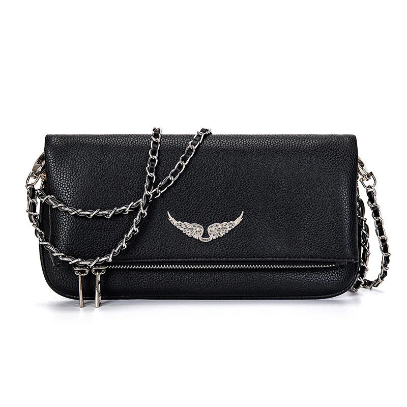 Lara – Stylish Clutch with Chain Strap and Decorative Wing Detail